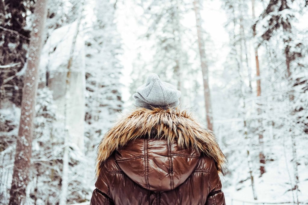 A stock photo of a woman walking through a snowy forest in winter from Picjumbo