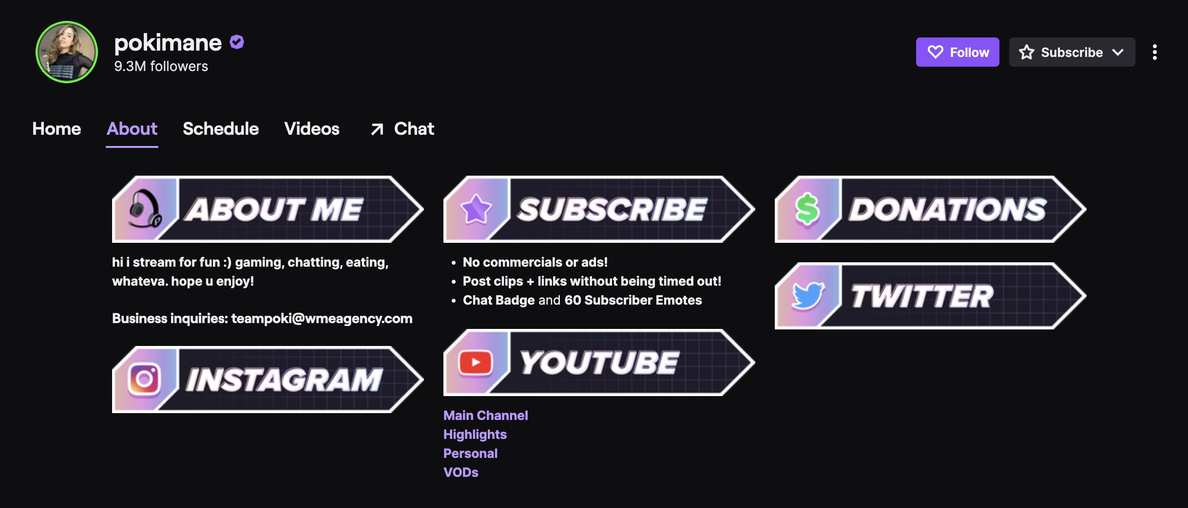 Pokimane's Twitch bio example