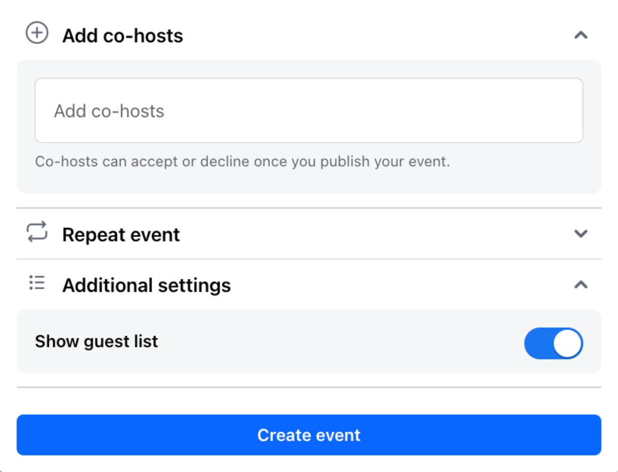 A screenshot showing how to add co-hosts to a Facebook event