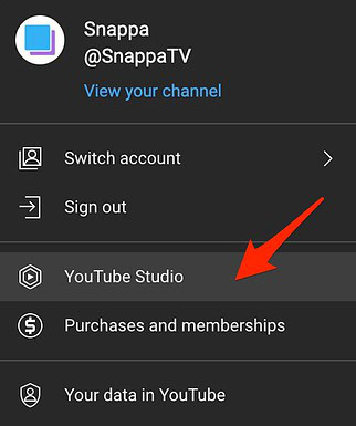 A screenshot showing how to access YouTube Studio dashboard