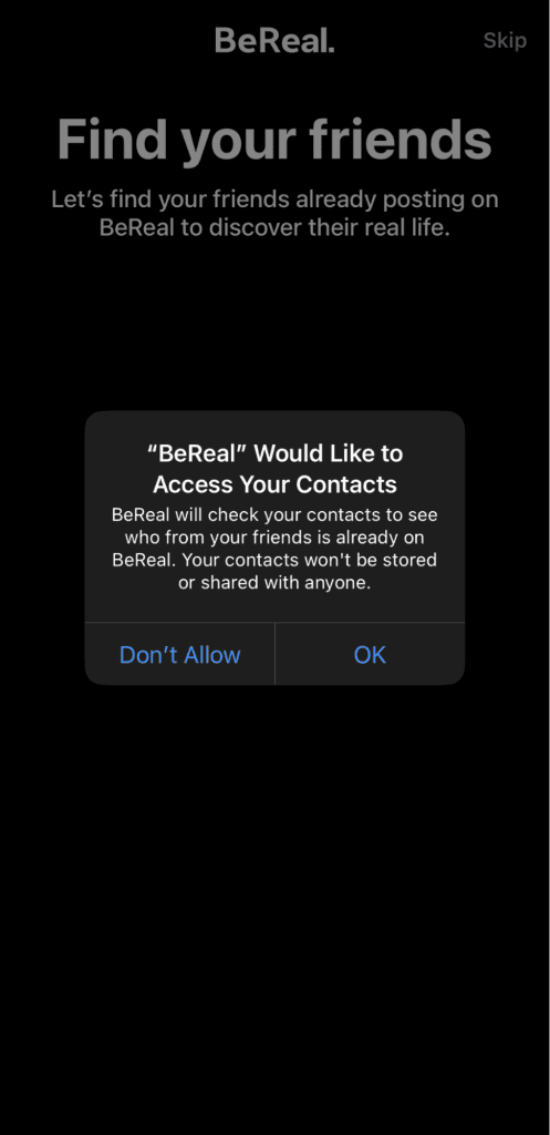 bereal would like to access your contacts