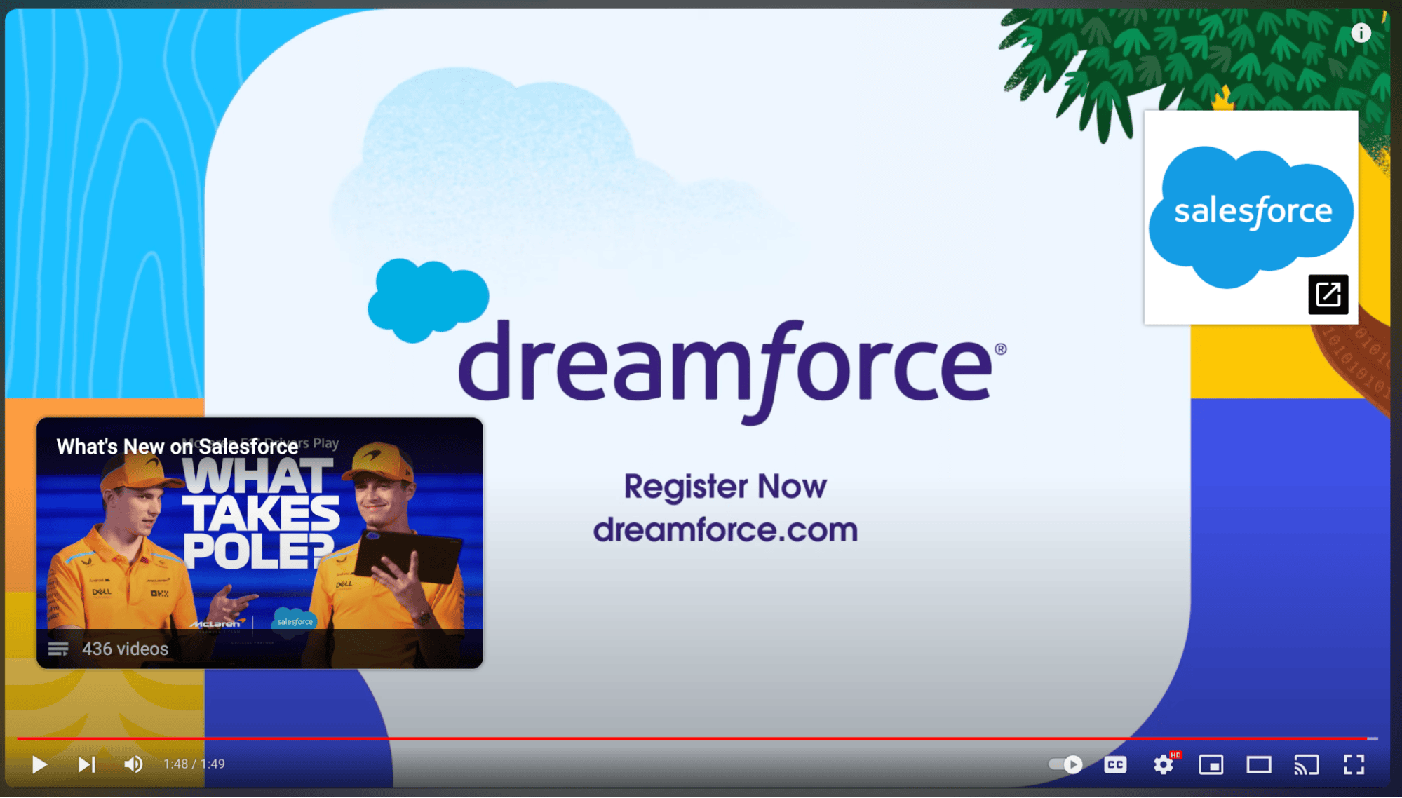 Salesforce YouTube video end screens encouraging users to attend their next event. 