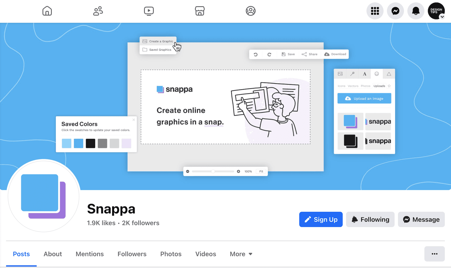 A screenshot of Snappa's Facebook page showing a Facebook cover photo on desktop