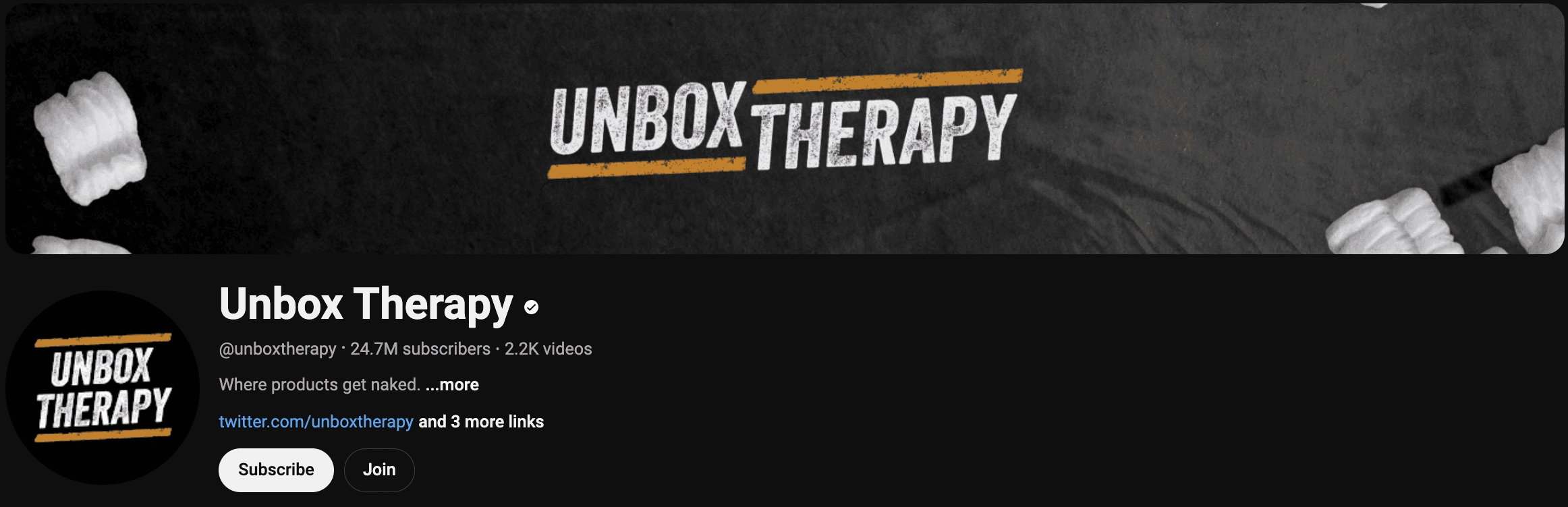 A screenshot of Unbox Therapy's YouTube channel and YouTube banner design