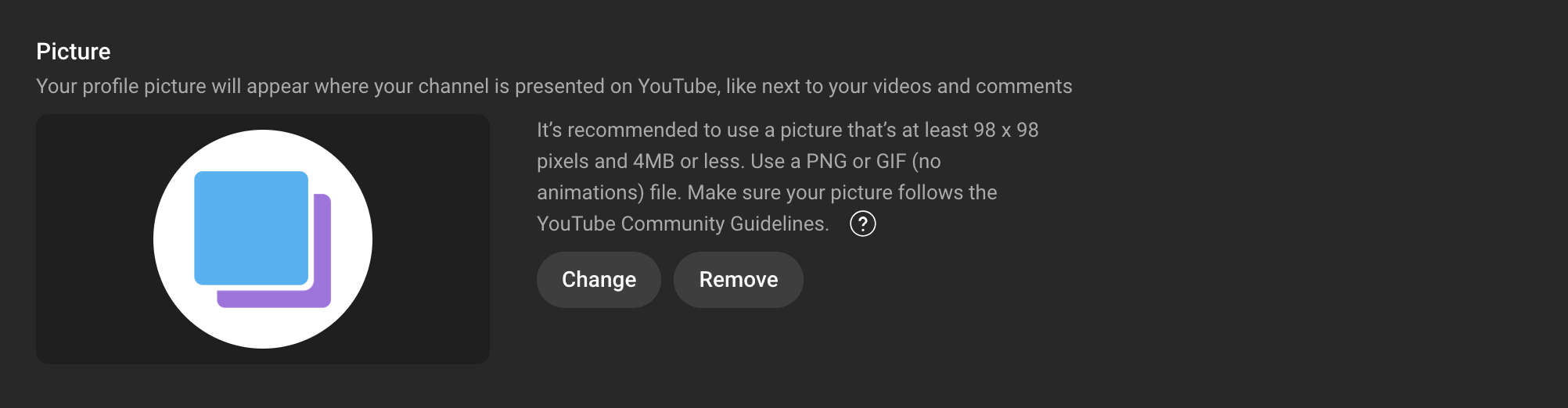 A screenshot showing instructions for how to change a YouTube profile picture