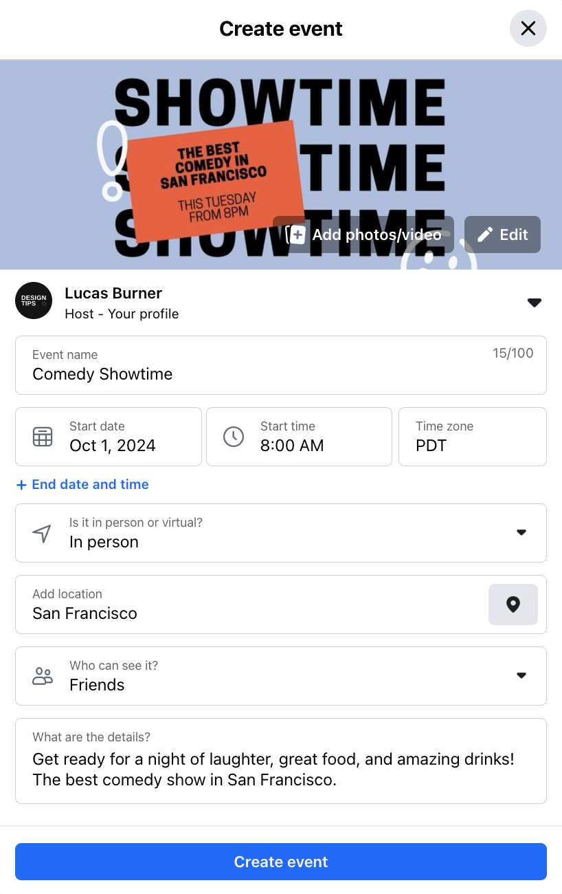 A screenshot of how to create an event on Facebook with a Facebook event cover photo
