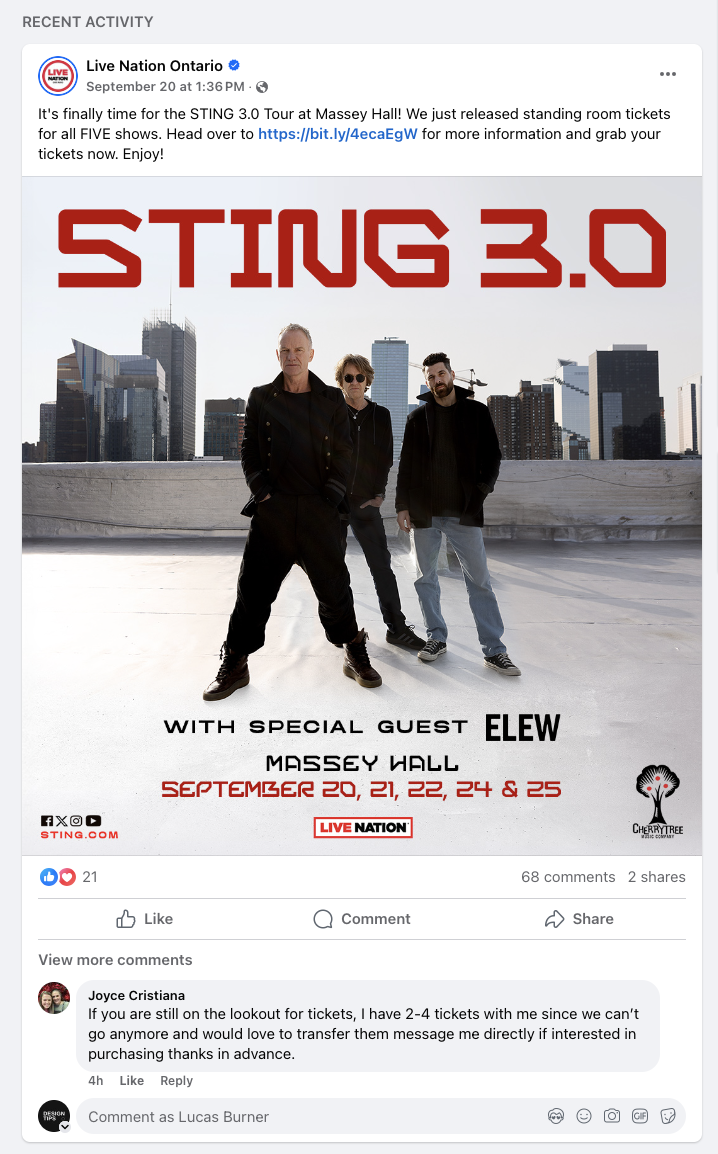 A screenshot showing an example of a Facebook event discussion from a Sting Facebook event