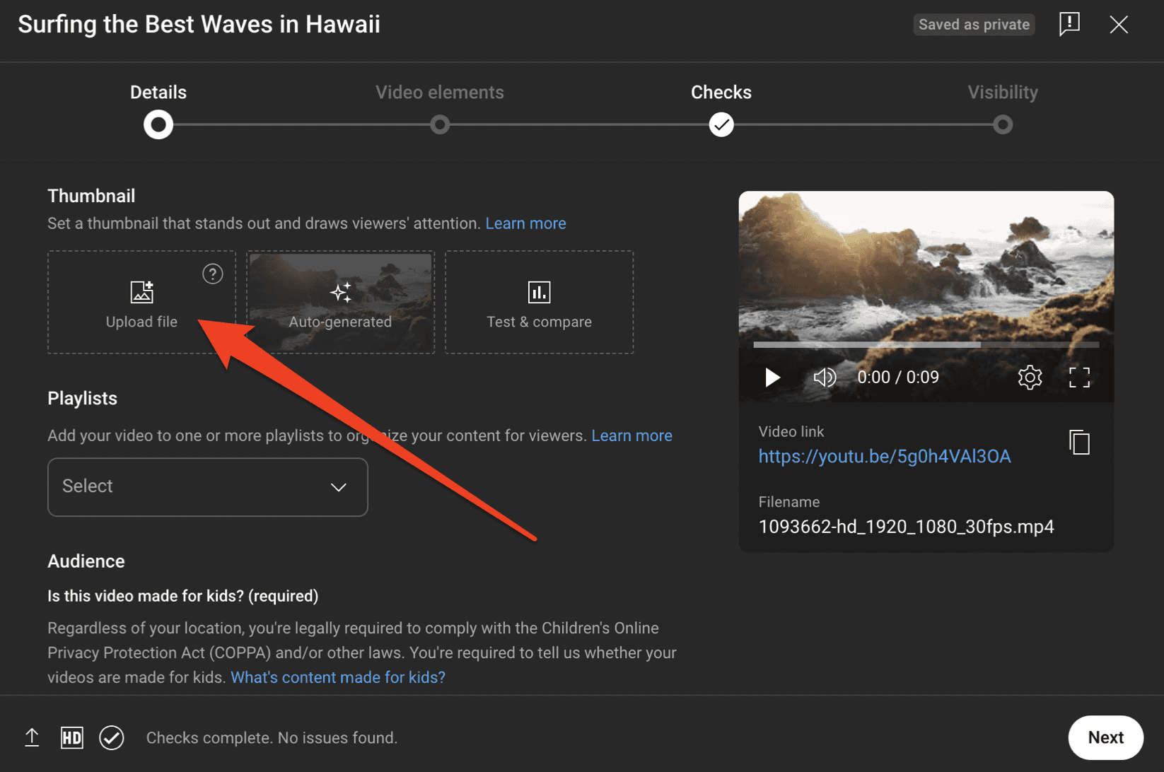 A screenshot showing how to upload a YouTube thumbnail in YouTube Studio