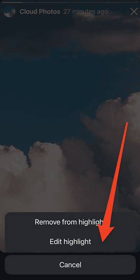 A screenshot showing how to edit Instagram highlights to add a highlight cover