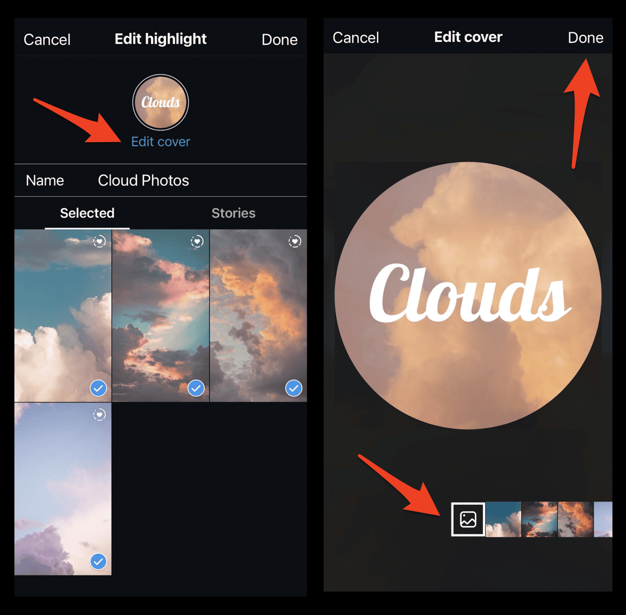 A screenshot showing how to edit and add a custom instagram highlight cover