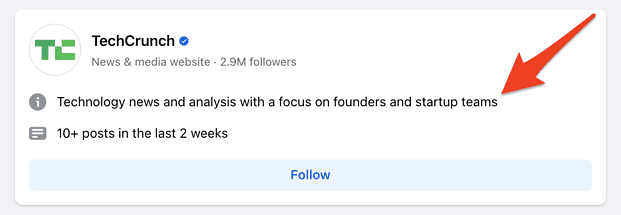 Facebook bio in search results from Techcrunch's Facebook Page